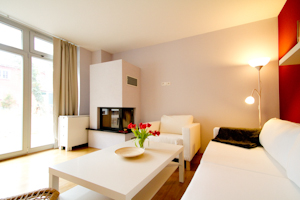 Ferienwohnung Auszeit im Ostseebad Ahrenshoop - Wohnbereich mit Kamin und Einbauküche, sowie Essplatz