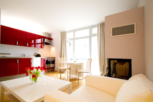 Ferienwohnung Auszeit im Ostseebad Ahrenshoop - Wohnbereich mit Kamin und Einbauküche, sowie Essplatz